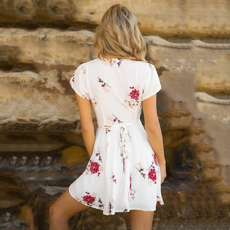 Летний Женский Повседневный цветочный принт v-образный вырез вечерние коротким