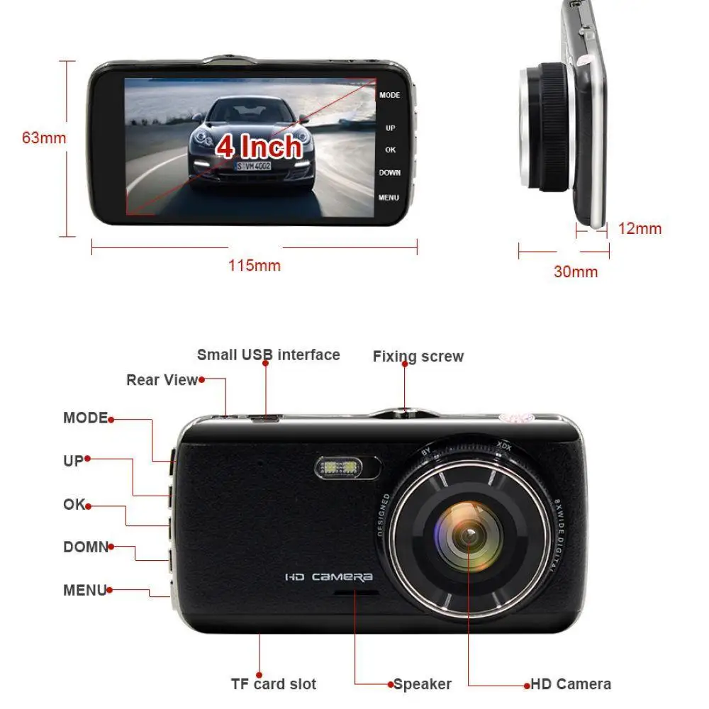 4 дюймовый IPS экран ADAS Dash Cam Full HD 1926P Автомобильная DVR камера с двумя объективами