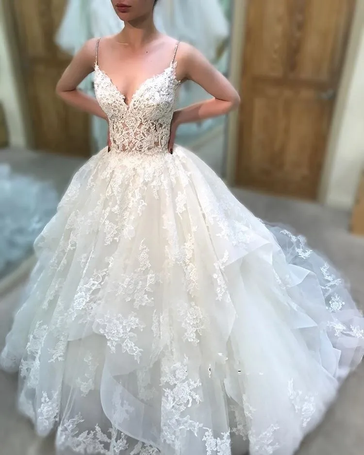 

vestidos de novia 2020 Newest Appliqued Organza Wedding Dress Spaghetti Strap V-neck Bride Wedding Gown