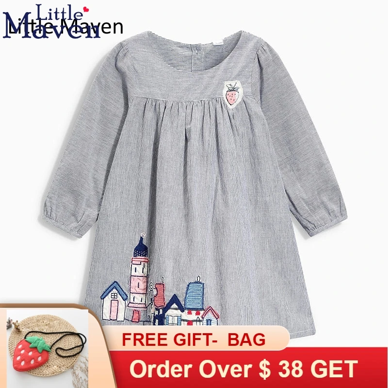Little maven girls dress 2018 pleated princess baby girl cotton long sleeve Knee-Length clothing | Детская одежда и обувь