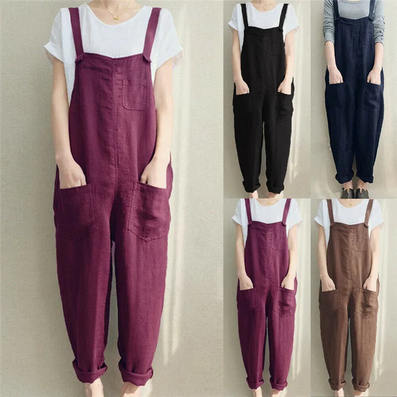 4XL Womens Sleeveless Dungarees Rompers Cotton Linen Jumpsuit Loose Preppy Style Pants Casual Pocket Overalls Playsuits