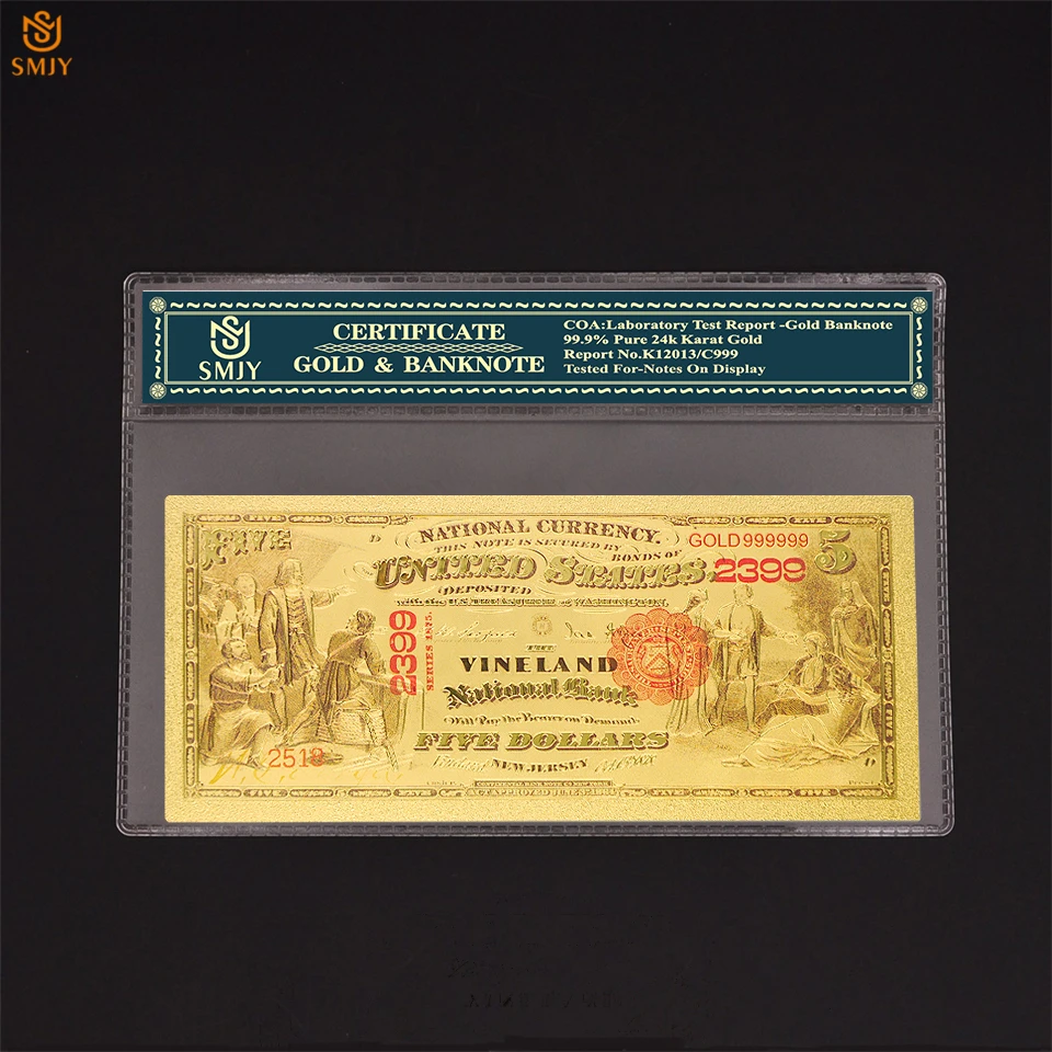 

American Color Gold Banknotes 5 US Money World Currency Paper in 24k Gold Plated 99999 Fake Banknote Collection With COA