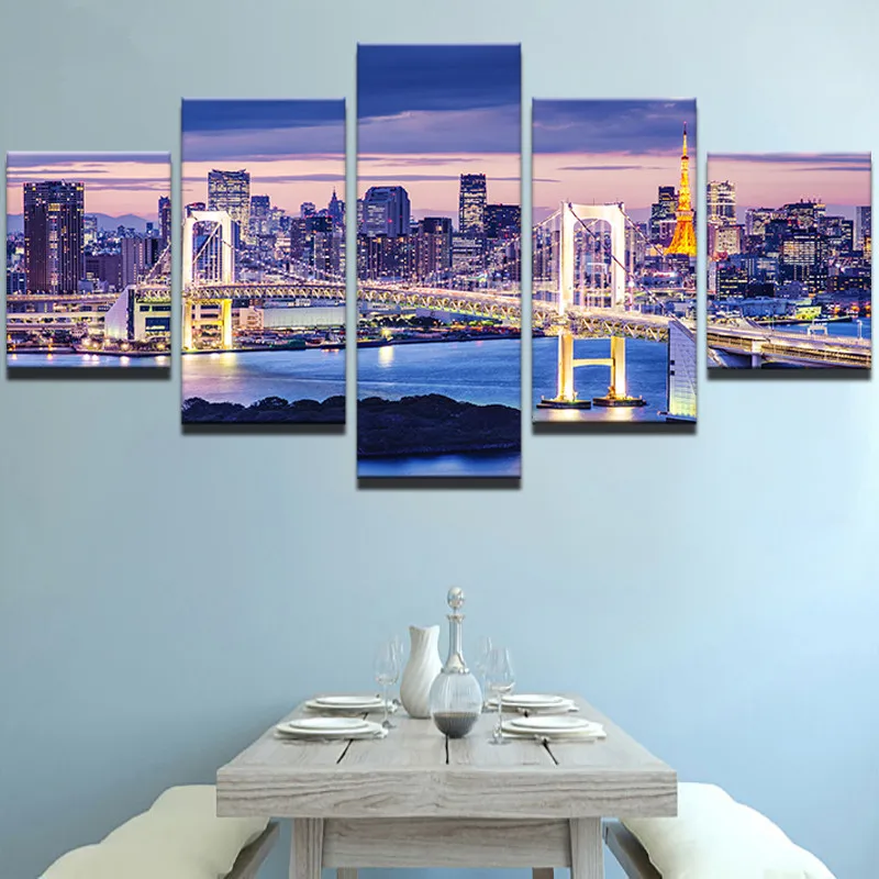 5 Панель Токио Радужный мост Ночной пейзаж живопись Wall Art Печать на холсте