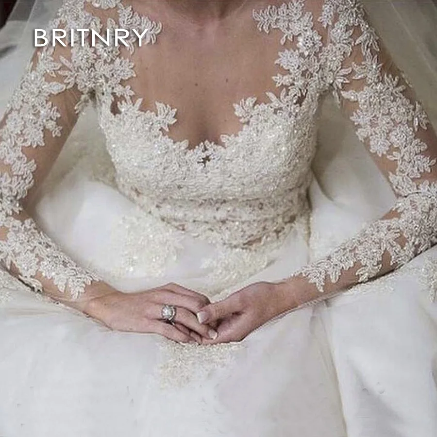 

BRITNRY New 2020 Appliques Embroidery Marriage Tulle Wedding Gowns Long Sleeve Ball Gown Elegant Illusion Wedding Dress