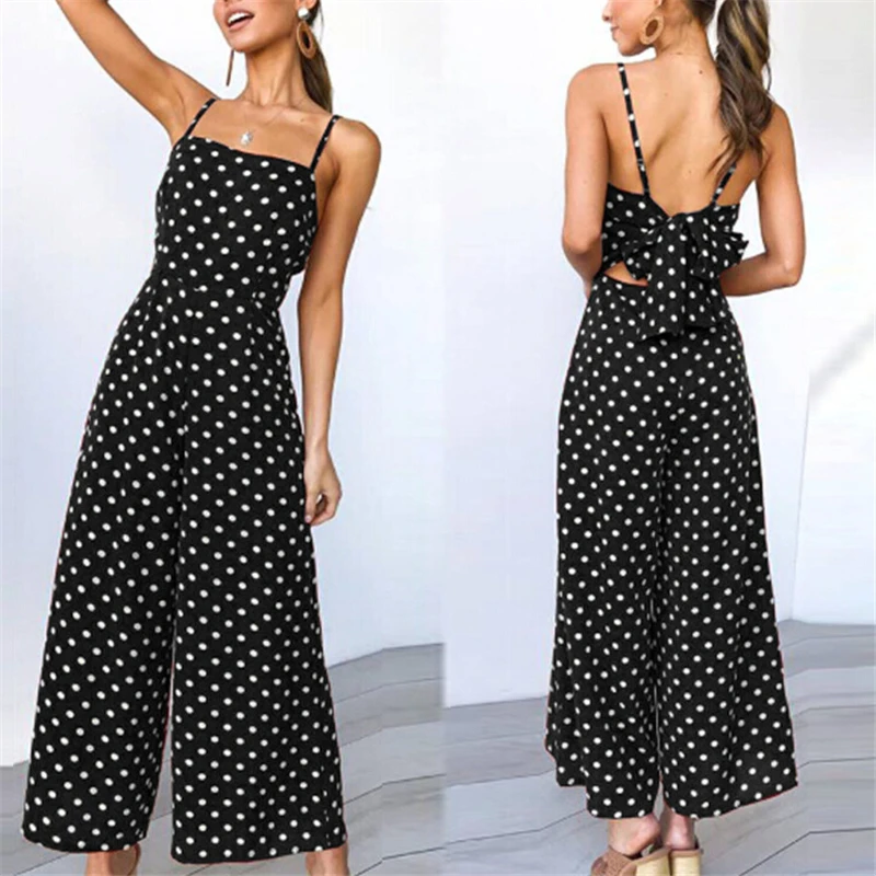 

Women Jumpsuit Summer Dot Print Sleeveless Ladies Rompers Back Bow Wide Leg Trousers Womens Jumpsuits Long Pants Loose Romper