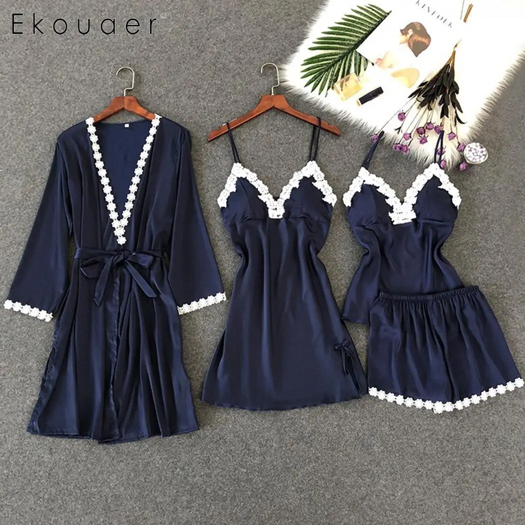 Ekouaer 4 шт. женские пижамные комплекты ночная рубашка халаты комплект для сна