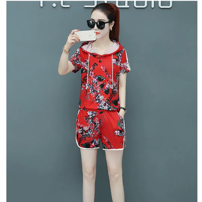 

Casual suit 2019 summer new fashion slim hooded printed shirt loose shorts temperament wild elegant women's two-piece suit