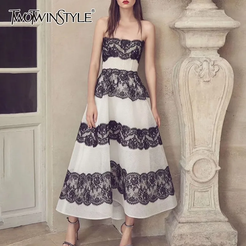 Платье TWOTWINSTYLE кружевное с высокой талией без бретелек | Женская одежда
