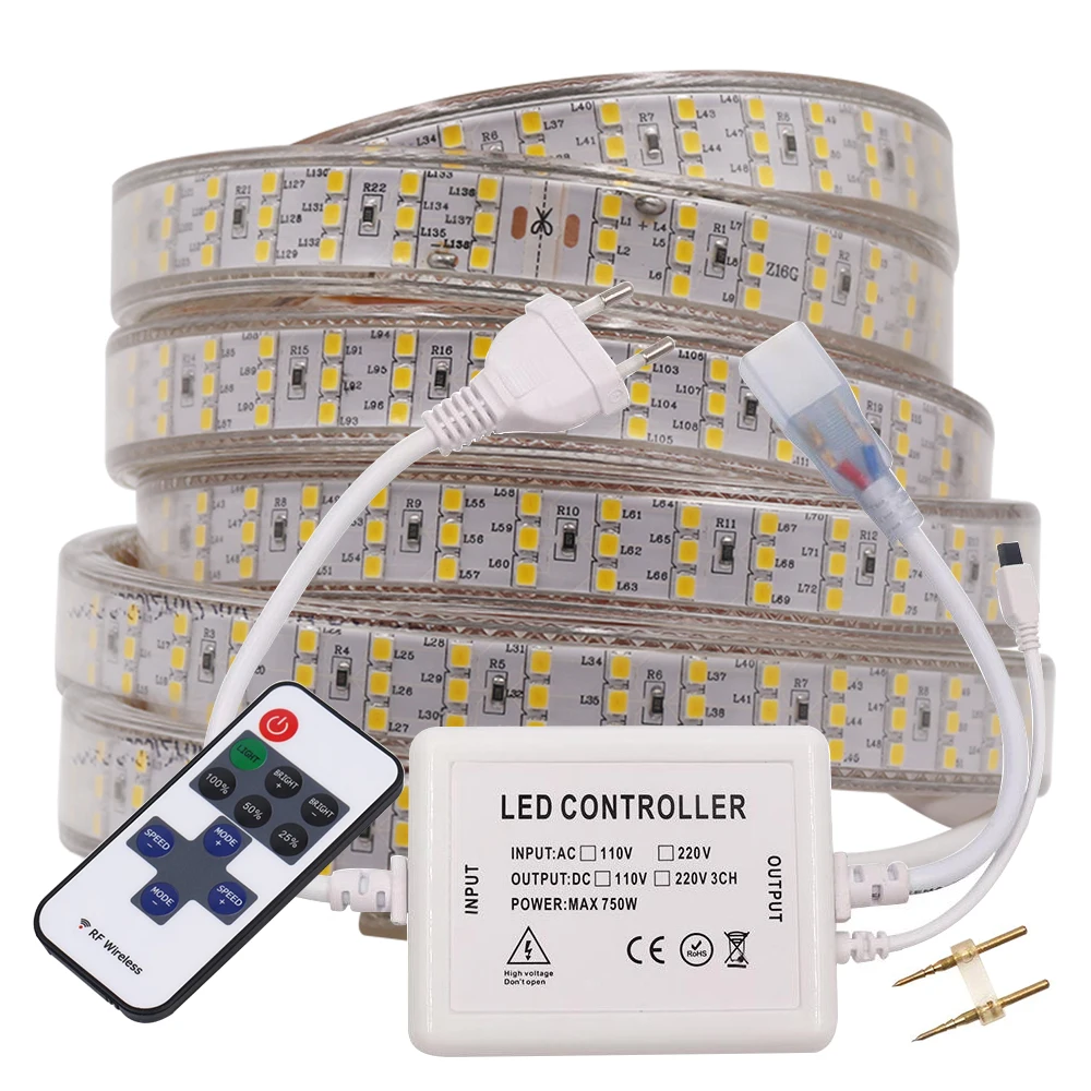 AC220V трехрядный светильник SMD 2835 водонепроницаемая светодиодная лента супер
