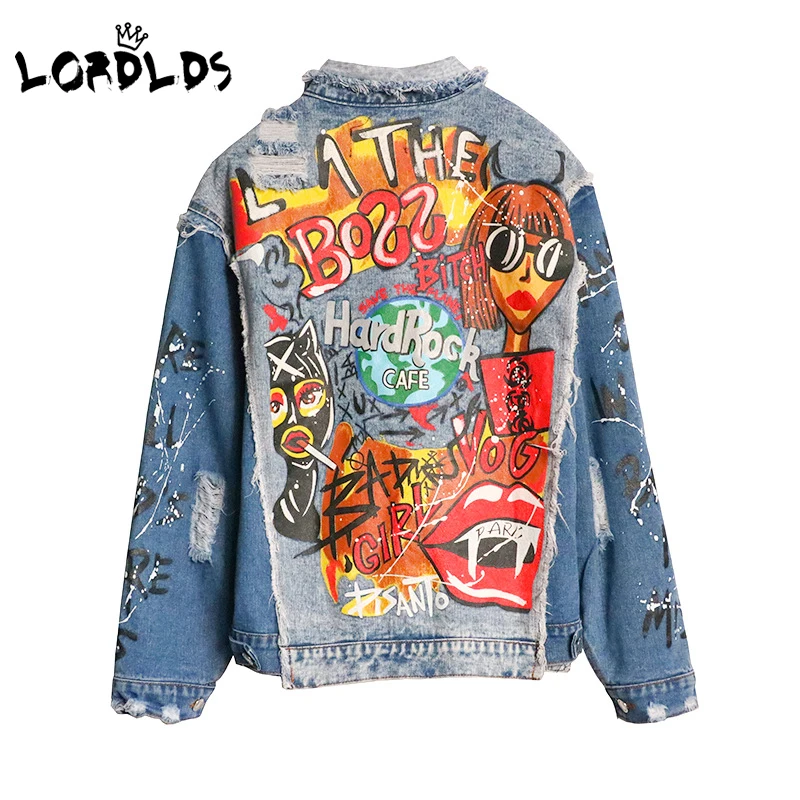 

Куртка LORDLDS джинсовая женская, верхняя одежда из денима в стиле пэчворк, модное пальто оверсайз с принтом и отложным воротником, весна