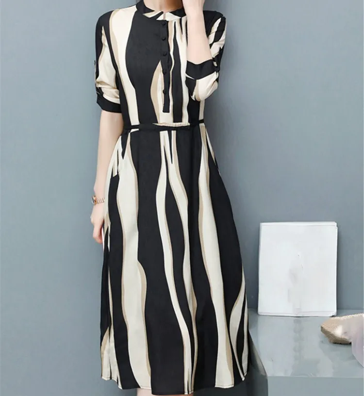 Модное женское шифоновое платье миди в полоску на пуговицах ТРАПЕЦИЕВИДНОЕ