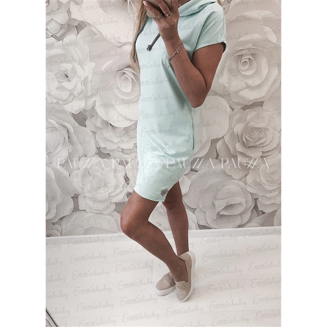 Женское платье с коротким рукавом повседневное однотонное капюшоном для