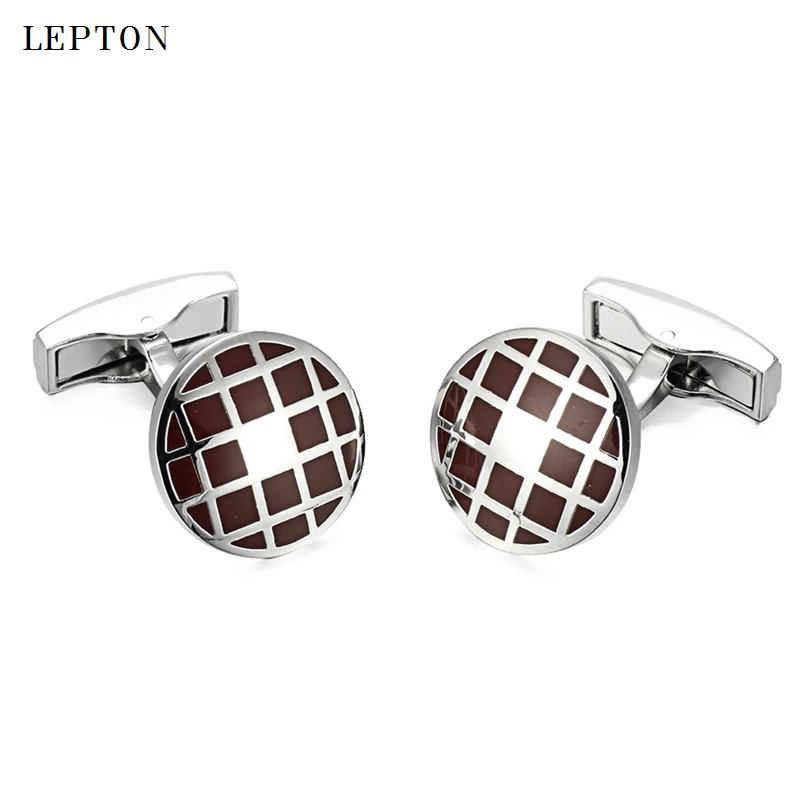 

Lepton shirt cufflinks for mens fashion round dark red enamel cuff link button high quality luxury wedding groom With Gift Box