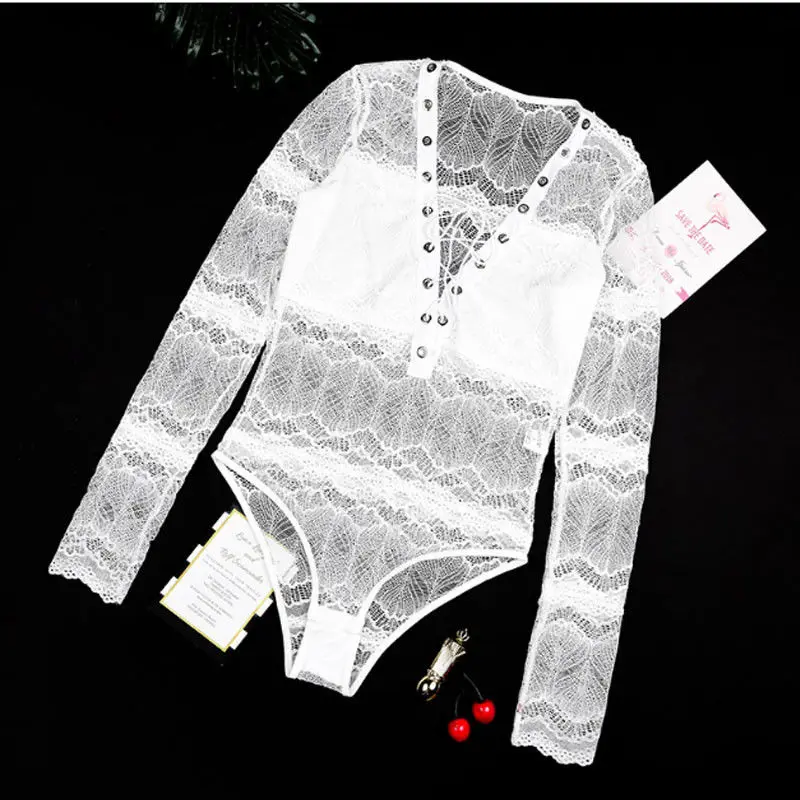 Летние Новые Боди Кружевные Babydoll с длинным рукавом Комбинезоны женские