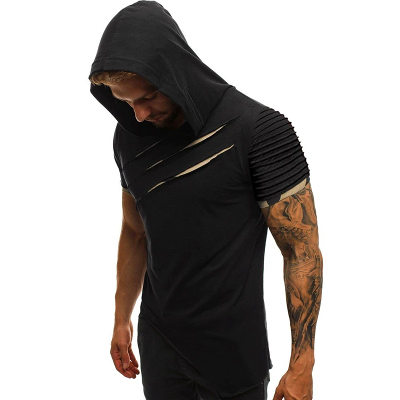 Мужская Асимметричная футболка с капюшоном Camisa Masculina летняя коротким рукавом и