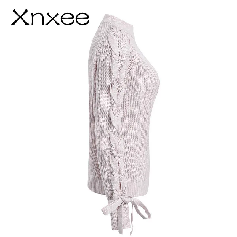 

Xnxee Lace up knitted sweater women jumper O neck casual autumn winter sweater 2020 Short pullover sweaters ladies pull femme
