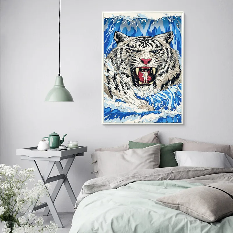 Тигр Лев в морской волне Ukiyo e художественное оформление плакат печать картина
