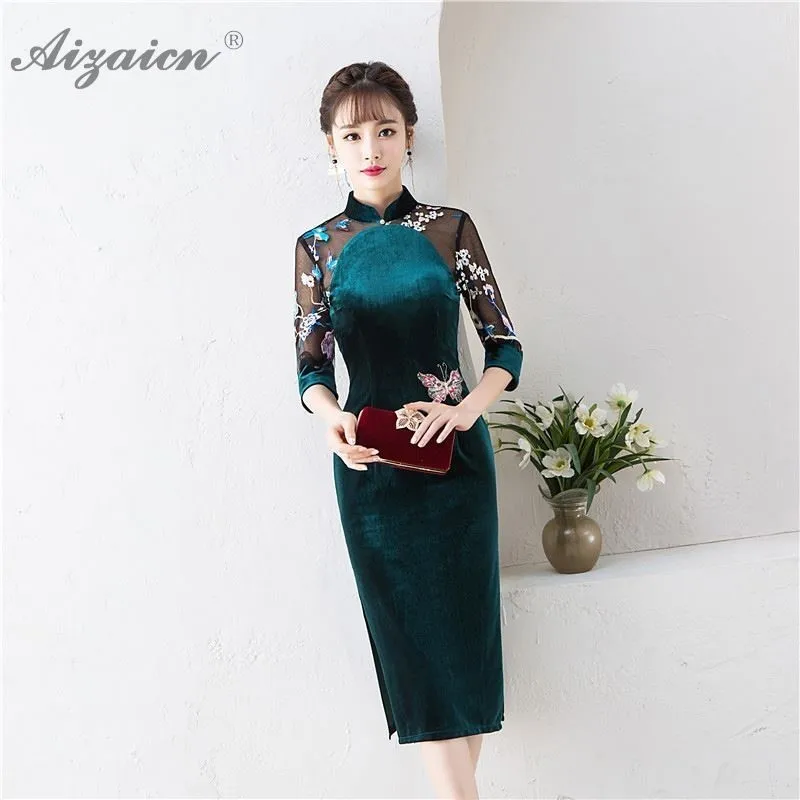 Женское бархатное платье Cheongsam темно-зеленое длинное с вышивкой традиционная