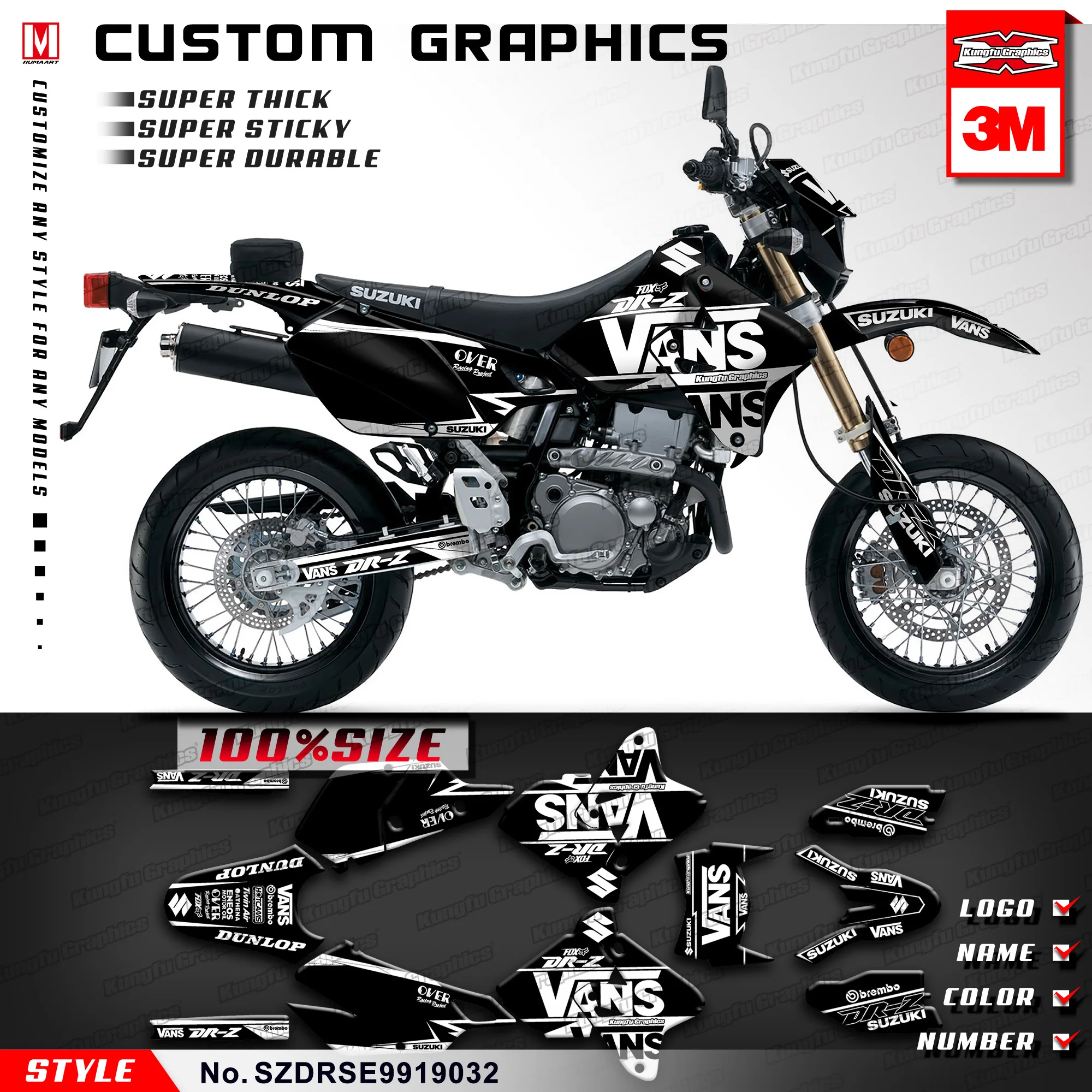 KUNGFU графика виниловые наклейки Черный для Suzuki DRZ400SM DRZ 400 SM DRZ400E E 1999-2019 (Стиль №