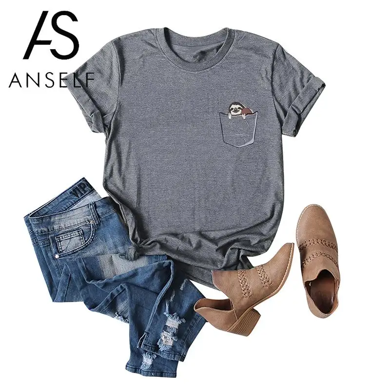 Anself Женская летняя футболка с милым ленивым ложным карманом принтом приталенный