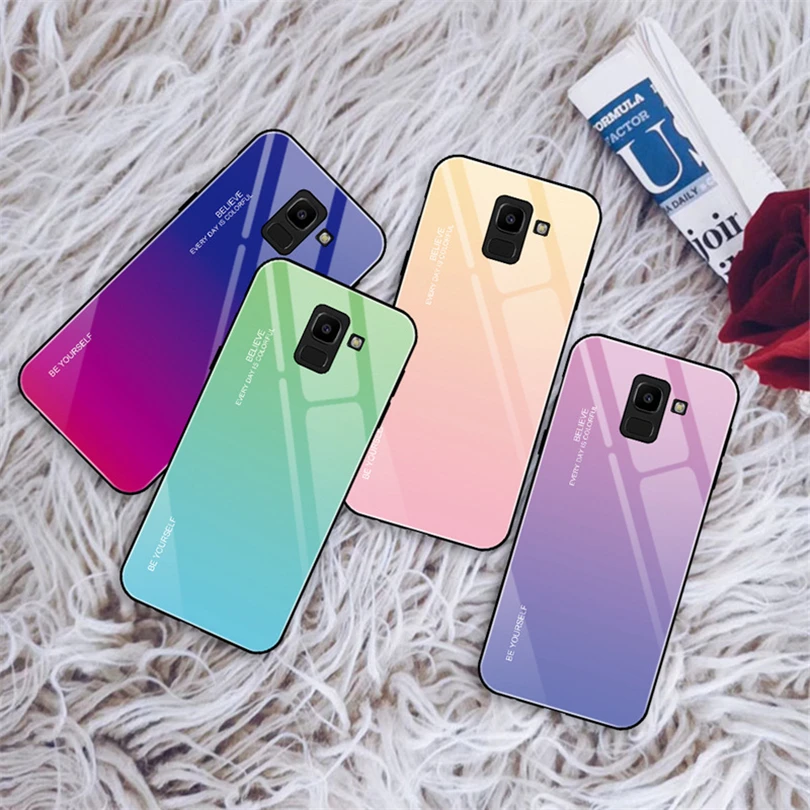 Tempered Glass Hard Phone Case For Samsung Galaxy J4 J6 Plus J8 2018 Gradient TPU Cover Glossy | Мобильные телефоны и