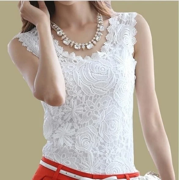 Лето 2019 г. для женщин кружево повседневное Blusas Femininas Винтаж без рукавов Белый Renda
