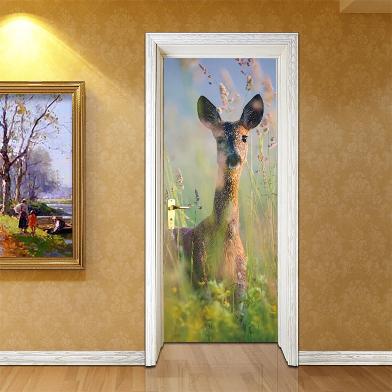 3d Vivid Effect Forest Deer Door Stickers Wallpaper Animal Wall Decals Poster Mural Living Room Bedroom Home Decor | Дом и сад