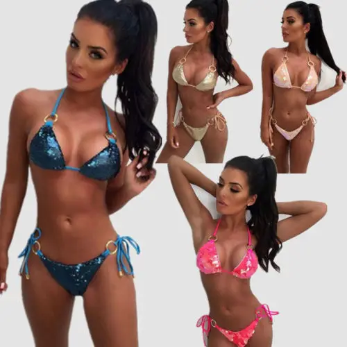 Женский комплект бикини с блестками бандажный купальник лямкой на шее пляжная
