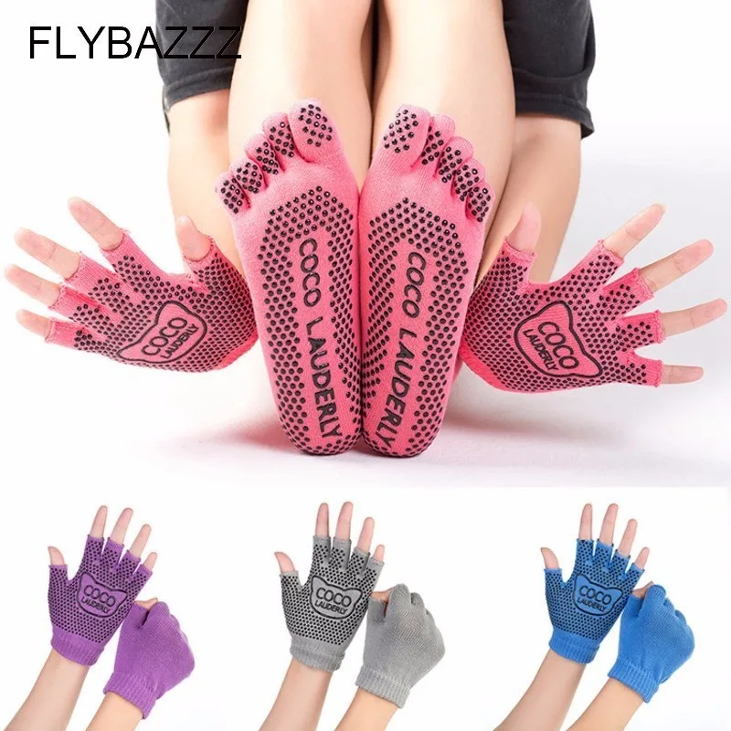 Professional Yoga Socks Women Anti-slip Five Finger Toe Meia Pilates Massage Sokken Athletic Sport Woman With Gloves | Спорт и
