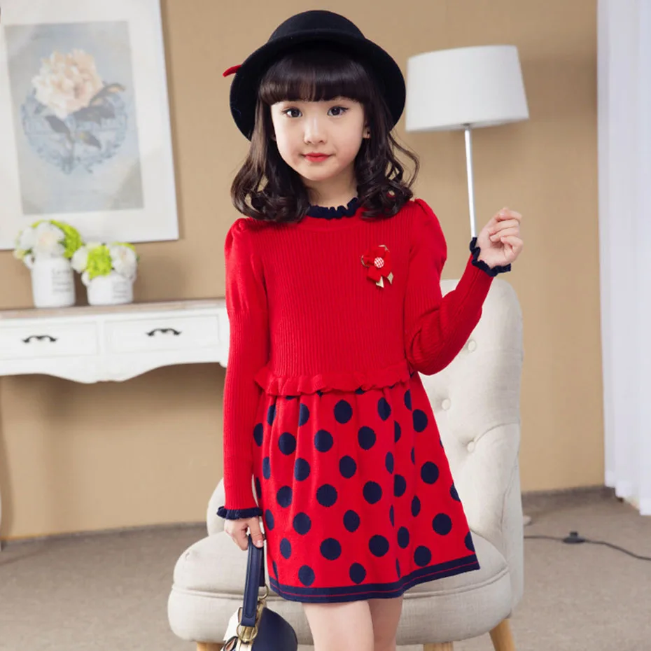 Dresses For Girls Dot Knitted Sweater Dress Party Kids Autumn Winter Christmas Clothes Girl 3 5 8 9 13 Years | Детская одежда и