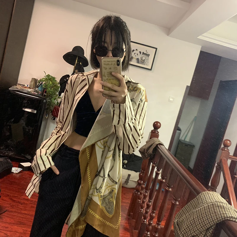 Женская рубашка в полоску VGH Асимметричный топ с отложным воротником длинным