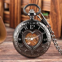 retro black heart shape half hunter mechanical pocket watch steampunk 30 cm chain pocket pendant clock gift men women reloj