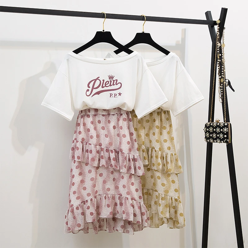 

Long dot print pleated skirt & letters sweatshirt new summer contracted t-shirts chiffon skirts two-piece outfit casual vestidos