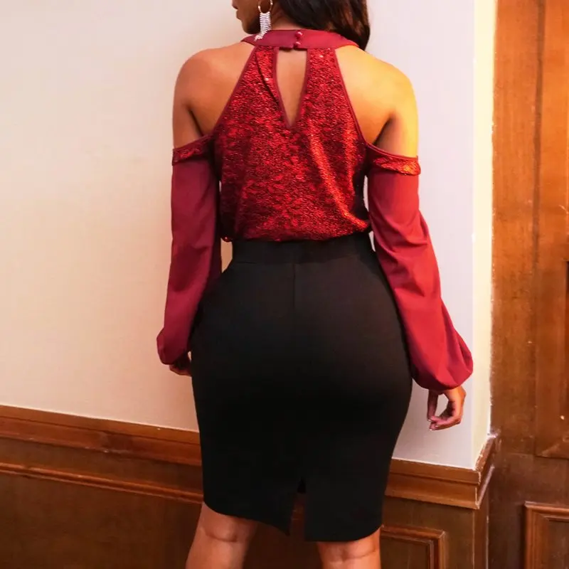 Блузка с открытыми плечами для женщин Новинка 2019 года блёстки полые пикантные