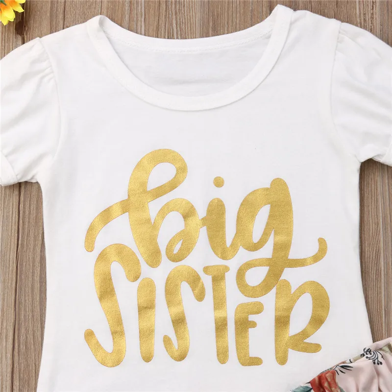2019 Cute Kids Baby Girl Big/Little Sisters Matching Summer Sets Letter Tops+Floral Pants+Hat+Headband 3/4Pcs Outfits 0-6Y | Мать и