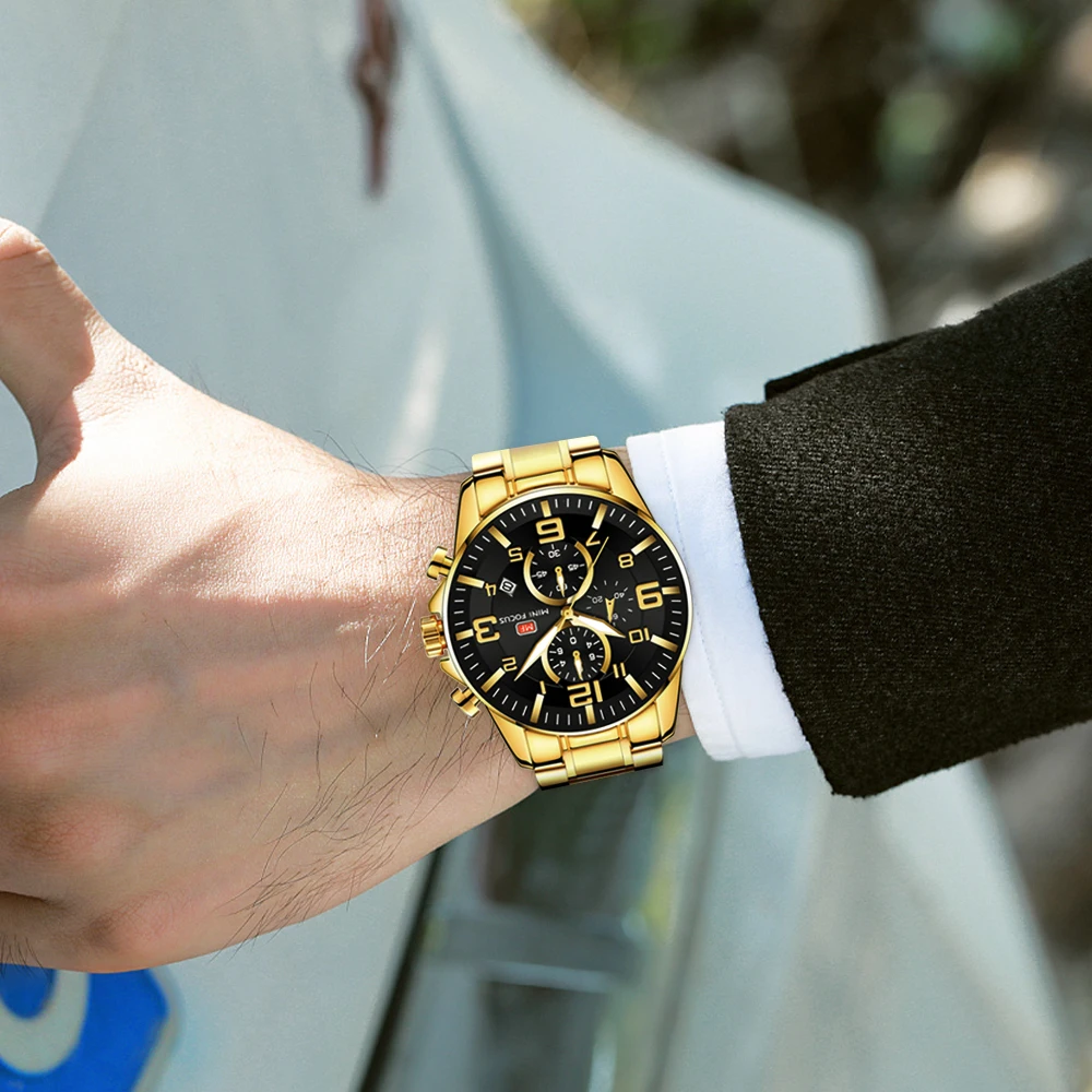 MINIFOCUS спортивные часы для мужчин роскошные брендовые золотые из нержавеющей