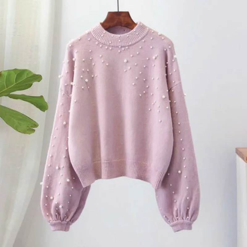 Twojstyle осень зима укороченный свитер женский пуловер Peal Bead фонарь рукав вязаный