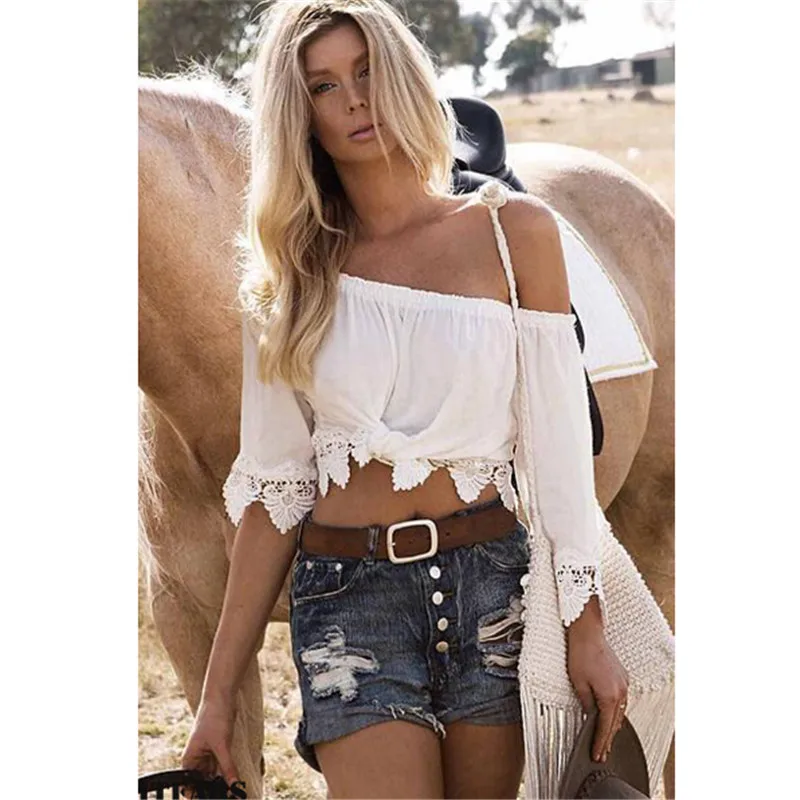 Boho женские летние футболки белые кружевные вязаные крючком Свободные