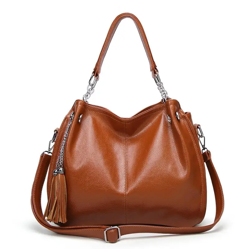 

Fashion Women's Handbag with Tassel Ornament Elegant Brown PU Leather Female Tote Thread Embossed Ladies Bag