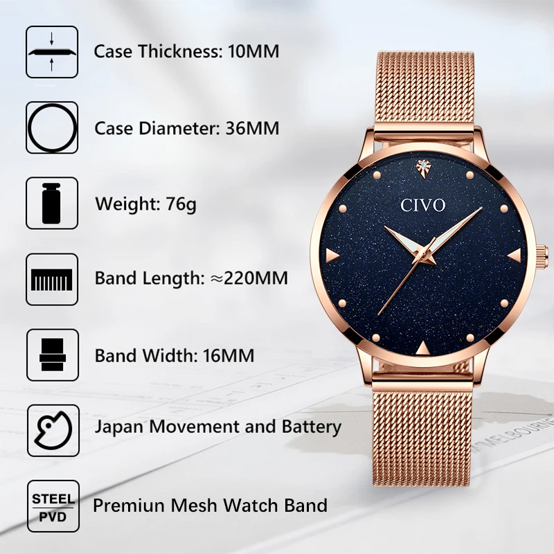 

CIVO Top Brand Luxury Watches Women Casual Watches Clock Rose Gold Mesh Stainless Steel Ladies Wrist Watch Lady Relogio Feminino