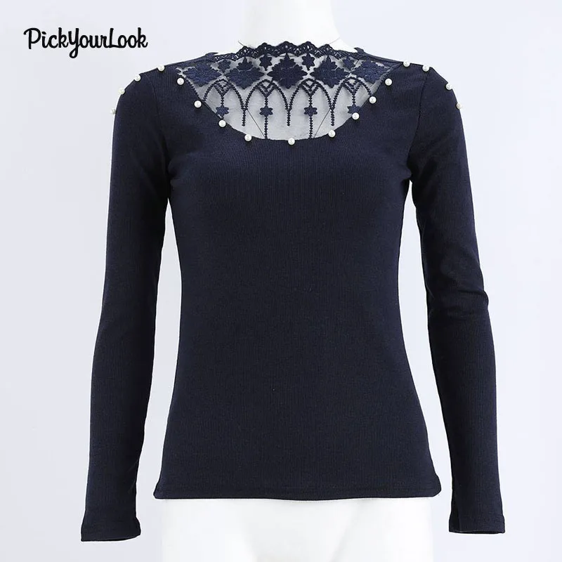 PickyourLook кружевная рубашка женские трикотажные пуловеры с длинным рукавом