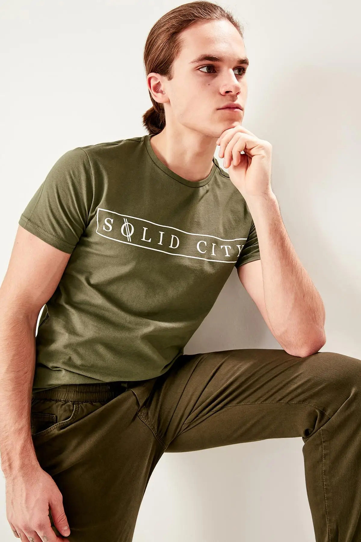 TRENDYOL мужской хаки Slim Fit печатных велосипед шеи Футболка TMNSS19BO0045|Футболки| |