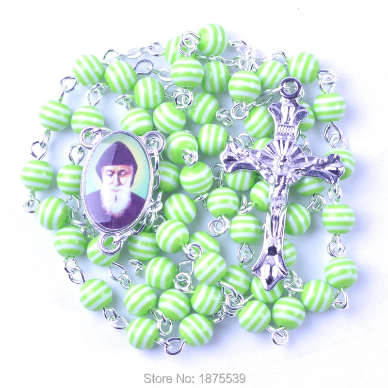 Green Resin Bead Rosary Necklace Center One Side Charbel Another Mother Mary | Украшения и аксессуары