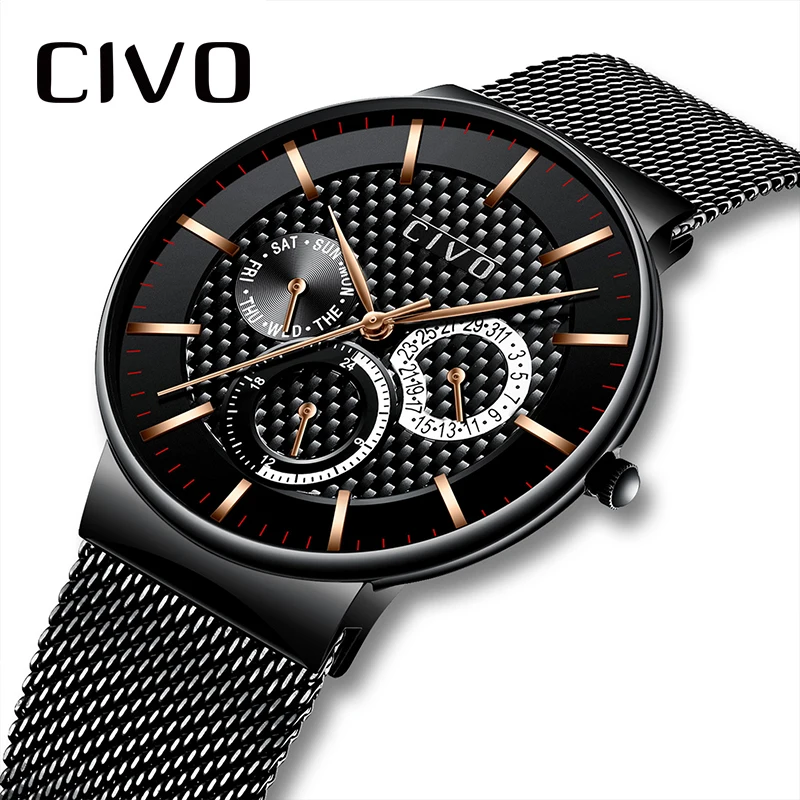 CIVO Роскошные Брендовые мужские часы из нержавеющей стали с сеткой спортивные