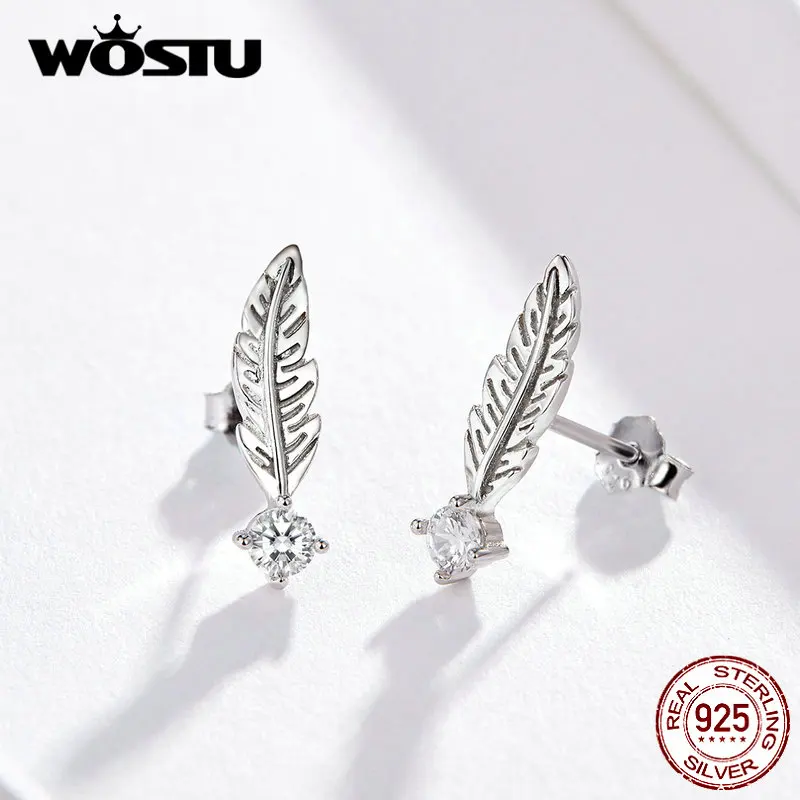 Женские серьги-гвоздики с перьями WOSTU оригинальные из стерлингового серебра 925
