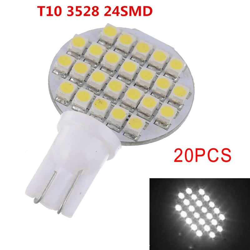 20 шт./компл. супер яркий DC 12 V 624LM 4 8 W T10 3528 24SMD белый ПВХ интерьер Светодиодный