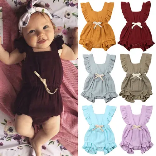 

Summer Newborn Baby Girl Solid Ruffle Sleeveless Bodysuit Linen Jumpsuit Outfits Toddler Sunuit 0-24M