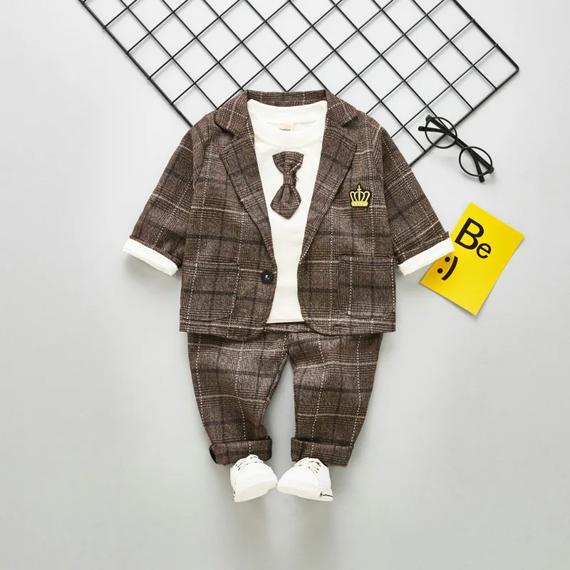 2020 New Spring Baby Boys Clothing Male Children Suits Kid Gentleman Tie Style Coats T Shirt Pants 3PCS/Sets Grid Infant Clothes | Детская