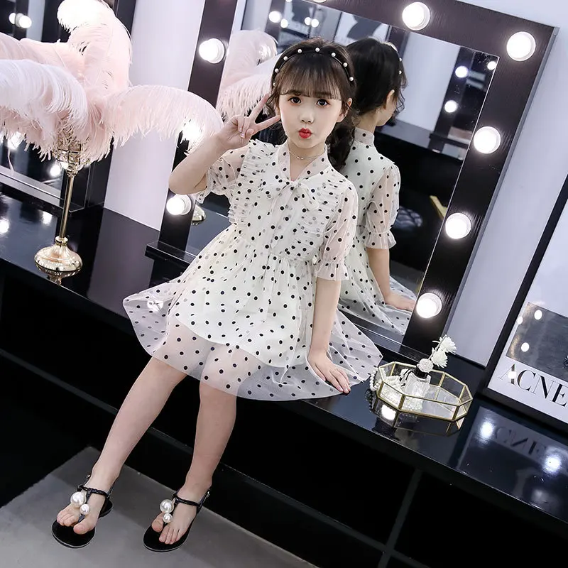 white vintage dot tulle gown age for 4-14 yrs teenage girls big-bow prom clothes short sleeve dress 2019 new summer ruffle frock | Детская