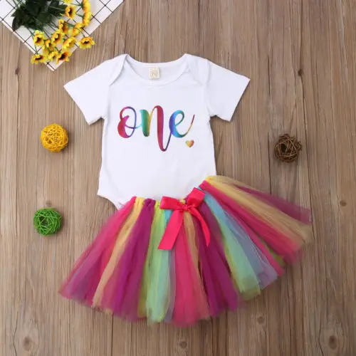 Newborn Baby Girl Birthday Romper Bodysuit Rainbow Lace Skirt Tutu Outfit 0-18M | Детская одежда и обувь